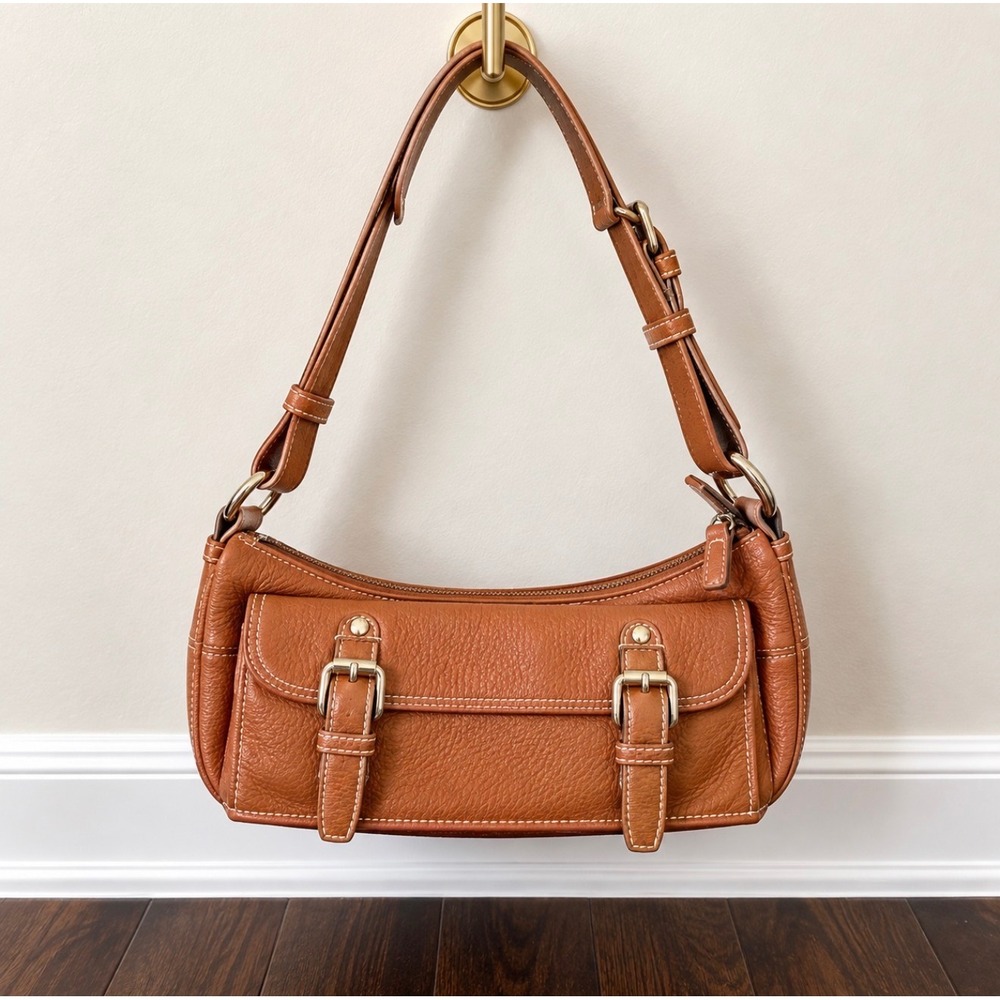 BCBGMAXAZRIA Cognac Genuine Leather Y2K Buckle Baguette Shoulder Bag
